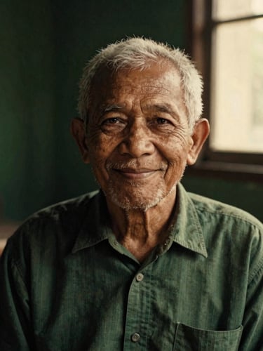 Atmospheric environmental portrait of a Malay elder smiling gently, warm nostalgic lighting, rich sepia and deep forest green tones, 35mm film grain