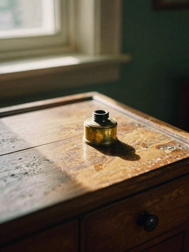 Close-up of weathered wooden writing desk, an antique brass inkwell, soft golden hour window light casting deep shadows, 35mm film grain