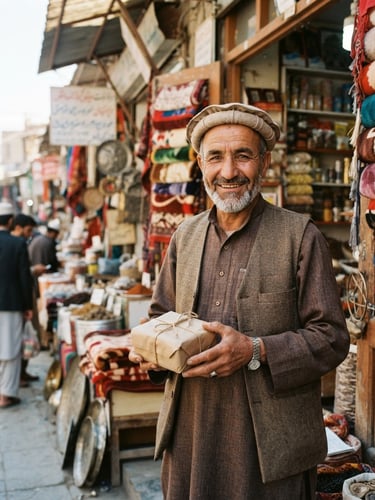 A warm portrait of a smiling Afghan merchant in front of his Kabul shopfront, holding a small package, bright natural daylight, rich authentic tones