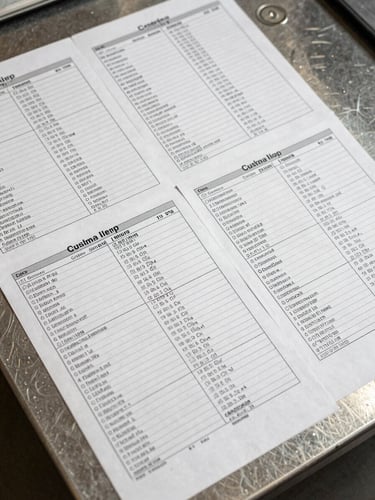 Overhead tight shot of customs shipping manifests and barcoded cargo labels spread flat on a steel surface under bright diffused studio light, organized rows of documentation with tracking codes visible, emphasis on precision and systematic order
