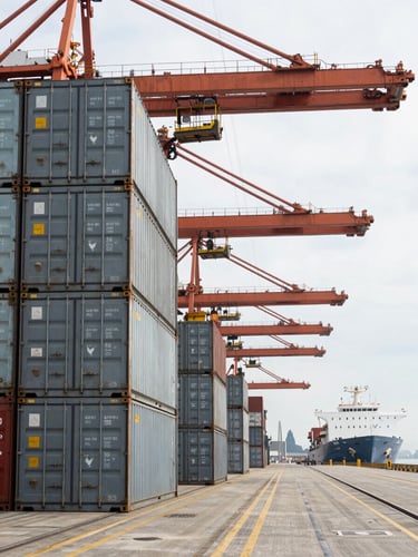 Wide panoramic view from port-side loading dock, overcast natural daylight, rows of steel shipping containers stacked four high in the left third, a gantry crane arm visible at the far edge, organized cargo lanes receding toward a distant vessel hull — emphasis on scale, structure, and mechanical precision