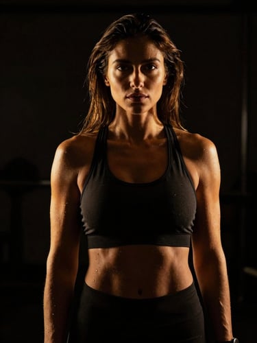Dramatic low-key fitness portrait of Dr. Samira Parazaran, intense golden rim lighting, deep black background, high-contrast, sharp focus, 85mm