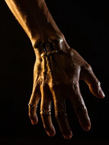 Dramatic close-up of precise biomechanical movement under golden rim lighting, high-contrast chiaroscuro, dark background.