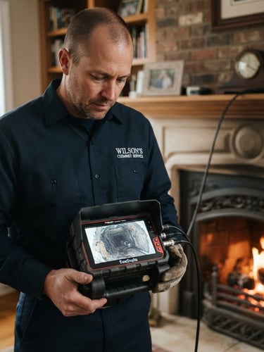 Close-up of a chimney sweep technician in a clean uniform holding a high-definition video inspection camera, screen showing a clear flue interior, natural overcast daylight, warm ambient hearth-light in background.
