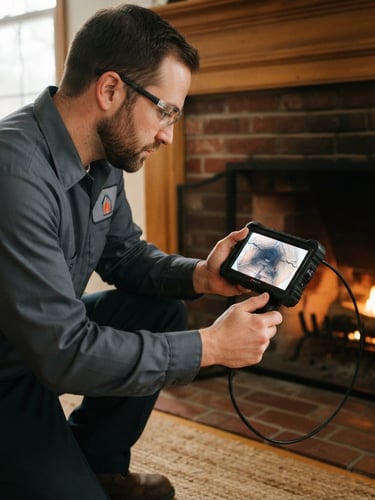 Close-up of a technician in a clean uniform performing a detailed video scan of a chimney flue, screen showing crisp internal details, warm ambient hearth-light, 35mm lens, crisp details, natural overcast Massachusetts daylight