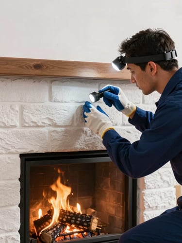 A certified chimney sweep technician in a clean uniform, wearing gloves, carefully inspecting a fireplace with a bright headlamp, warm ambient light from the hearth, clean masonry visible.