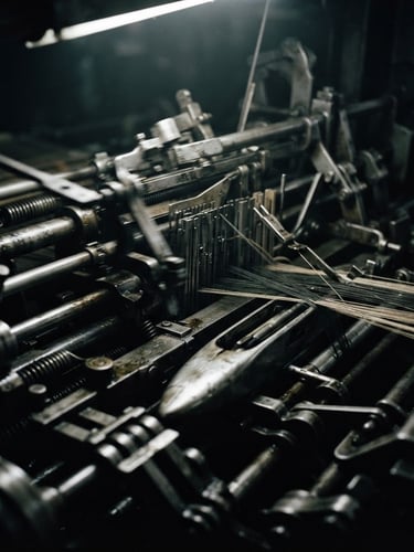Extreme macro close-up of a heavy industrial loom in motion, silver steel parts, single directional light, deep shadows, moody industrial photography