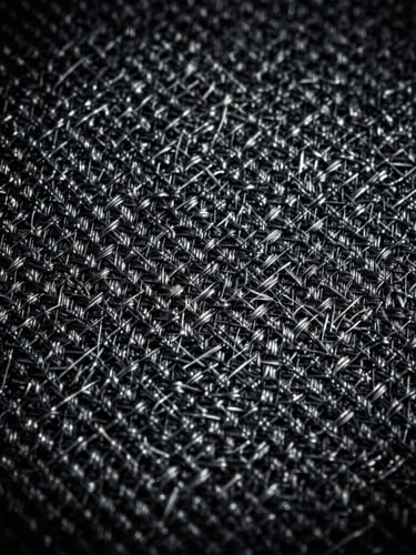 Extreme macro shot of a tight, high-contrast fabric weave, deep charcoal and silver threads, dramatic chiaroscuro lighting, 35mm photography