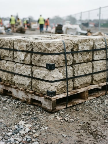 Close-up of a heavy timber pallet loaded with hand-cast stone pier caps, strapped securely with steel bands, parked on a gravel construction site under overcast daylight.