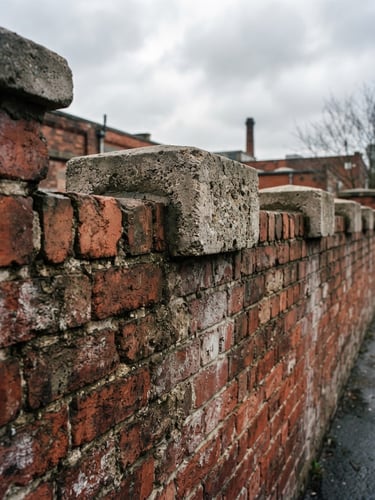 Low-angle architectural shot of hand-cast stone pier caps installed on a weathered red brick wall, overcast natural daylight, cool slate tones, sharp focus, 35mm