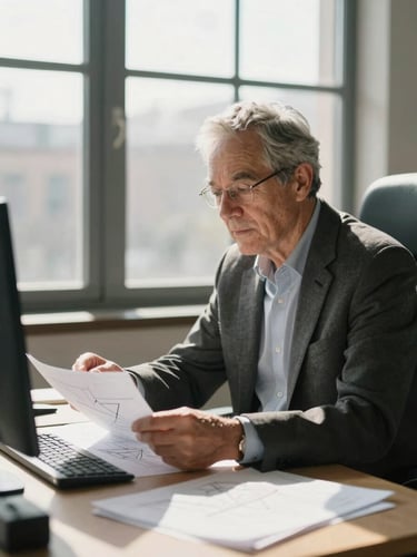 A focused portrait of a senior marketing executive in a sunlit workspace, reviewing strategy sketches, natural window light, high contrast, 35mm.