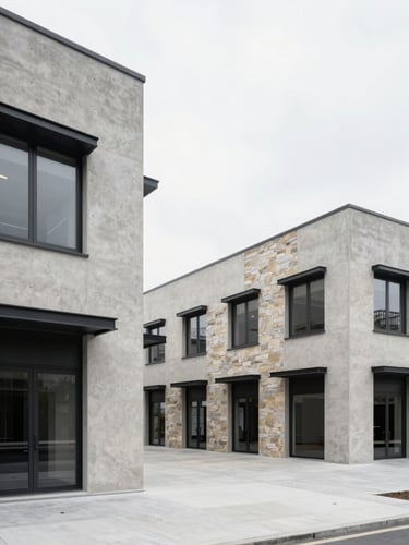 Wide-angle exterior architectural photography of a modern commercial complex with clean concrete and stone textures under bright overcast daylight.
