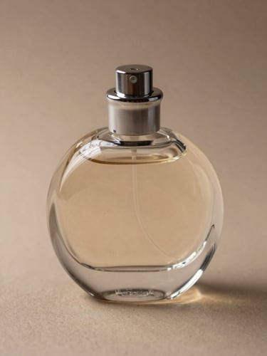 Macro close-up of a sculptural clear glass perfume bottle reflecting soft directional studio light on a warm taupe surface, 85mm lens