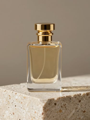 A single luxury perfume bottle with a heavy gold cap, sitting on a raw travertine stone block, soft shadows, warm neutral tones