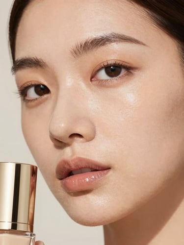 Close-up editorial portrait showcasing natural skin texture and luminous makeup, soft directional studio lighting, warm neutral tones, 85mm lens