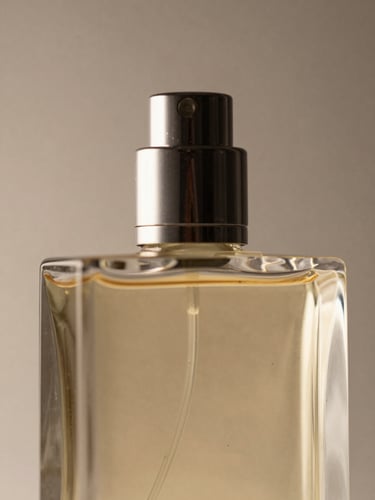 Macro close-up of a sculptural luxury perfume bottle reflecting soft directional studio light, warm neutral background, 85mm lens