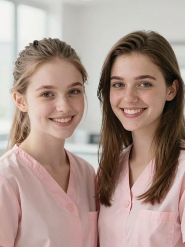 Portrait of two sisters, Emily and Sophia, smiling warmly in a bright aesthetic clinic, soft diffused daylight, blush and rose tones, shallow depth of field, 35mm