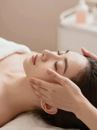 Close-up of gentle hands performing a facial massage, soft warm lighting, elegant aesthetic clinic environment, blush tones, shallow depth of field, 35mm