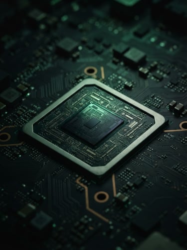Macro close-up of a high-end mobile processor chip on a dark circuit board, sharp focus on silicon pathways, low-key studio lighting with emerald green accent glows