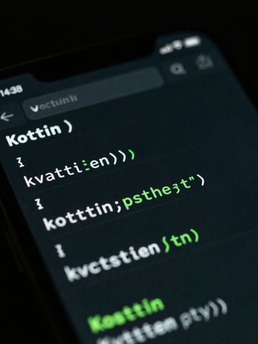 Macro close-up of a high-end mobile device screen displaying clean, syntax-highlighted Kotlin code in a dark IDE, sharp focus, low-key studio lighting with a subtle emerald green glow