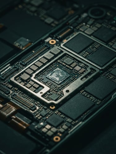 Macro close-up of high-end mobile hardware, sharp directional key lights, deep charcoal and emerald green tones, moody technical photography, sharp focus