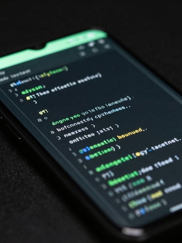 Moody technical photography of a high-end Android smartphone screen showing clean code IDE lines reflected on the glass, low-key studio lighting with sharp emerald green accent glow