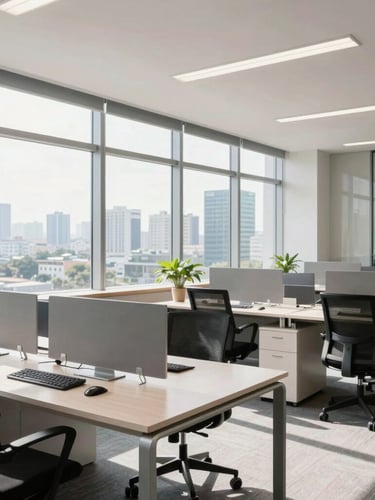 Wide shot of a bright, modern corporate office in Davao City, natural sunlight streaming through large windows, sleek desks, professional workspace, 35mm