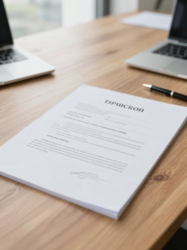 Bright corporate photography, clean natural office light, close-up of signed legal documents on a wooden desk, 35mm