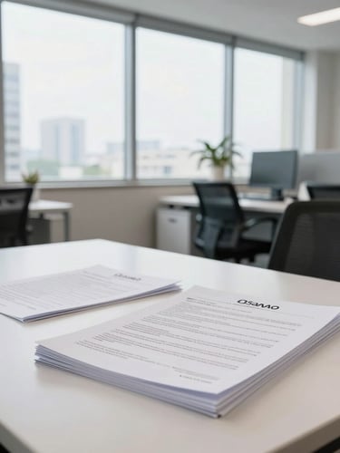 A bright corporate office in Davao City, natural light streaming through large windows, clean desks, professional documents on a table, 35mm