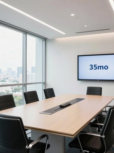 Bright corporate meeting room in Davao, large glass windows with natural light, minimalist conference table, modern black chairs, presentation screen on wall, 35mm