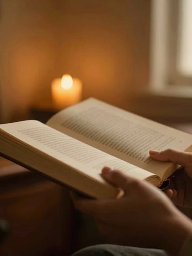 Close-up of hands holding an open book in a quiet room, soft candlelight flickering in the background, rich amber tones, warm editorial style, shallow depth of field