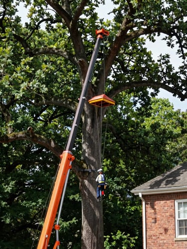 A heavy-duty crane stabilizing a tall, decaying oak tree next to a brick house in Wilson, a rigger in a helmet securing synthetic lines, high-contrast forest green canopy.