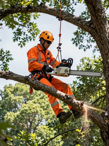 Low-angle portrait shot of a professional arborist wearing high-visibility orange safety gear and a helmet, suspended high in a mature oak tree, executing a clean cut on a thick limb with a chainsaw. Bright daylight, crisp depth of field.