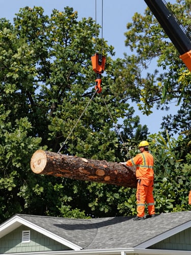 Low-angle heroic shot of a heavy crane lifting a massive pine trunk over a residential roof, certified arborist in high-vis safety orange gear guiding the line, bright Carolina daylight.