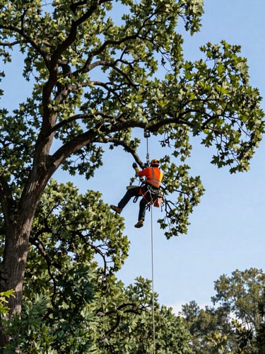 Low-angle heroic shot of a professional arborist in high-vis safety gear operating a crane rigging system near a mature oak tree under clear daylight.