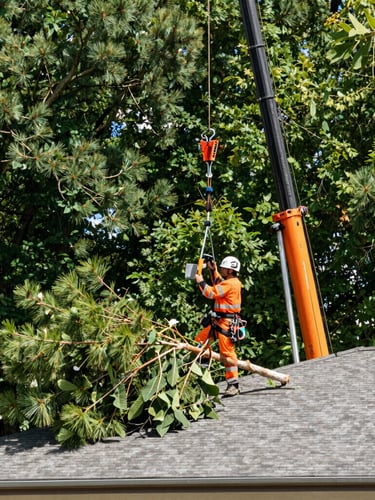 Wide low-angle shot of a professional arborist in high-vis safety gear operating a crane to lift a large pine limb safely over a residential roof, bright daylight