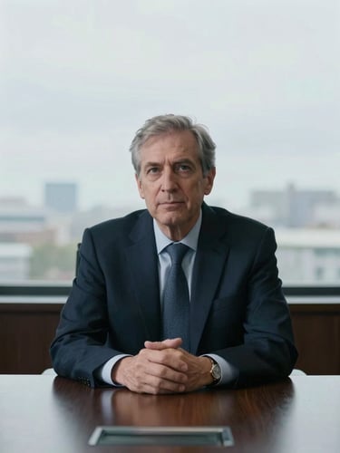 Environmental portrait of a senior business advisor in a structured, sunlit boardroom, looking thoughtfully off-camera, cool tones, sharp focus