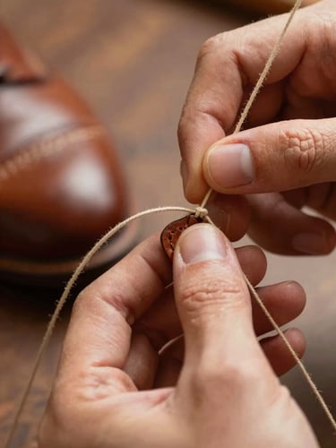 Close-up macro shot of hands stitching a leather shoe sole with thick beige thread, warm lighting, rich details of the leather texture, shallow depth of field
