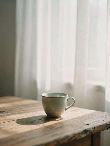 Soft morning light filtering through linen curtains, a single ceramic cup on a weathered wooden table, minimalist serene atmosphere, warm editorial photography, 35mm