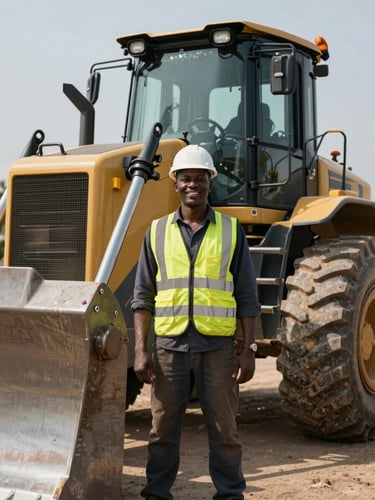 Heroic portrait of a Congolese heavy machinery operator in a high-visibility vest and hard hat, smiling confidently, standing in front of a massive Shantui bulldozer on a sunny day, high-contrast, professional photography