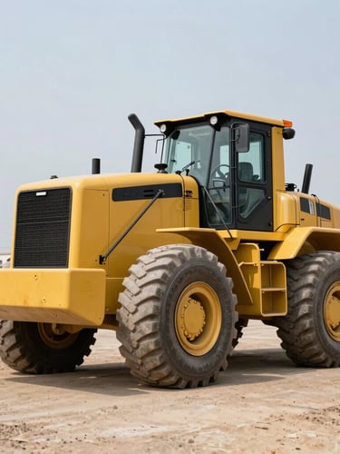 Heroic portrait of a giant yellow Shantui SD22 bulldozer parked in a dry industrial yard, low-angle shot, metallic details gleaming, harsh daylight