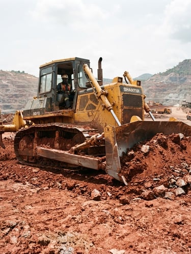 Low-angle heroic shot of a yellow Shantui bulldozer on a red-dirt Congolese mining site, harsh natural daylight highlighting metallic textures, 35mm
