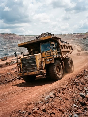 Low-angle heroic shot of a heavy-duty Tonly mining dump truck operating on a red-dirt copper mine in Kolwezi, harsh natural daylight, high-contrast metallic textures, 35mm