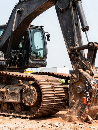 Close-up of a heavy machinery hydraulic arm and tread, dust and red dirt, intense industrial environment, high-contrast daylight, 35mm