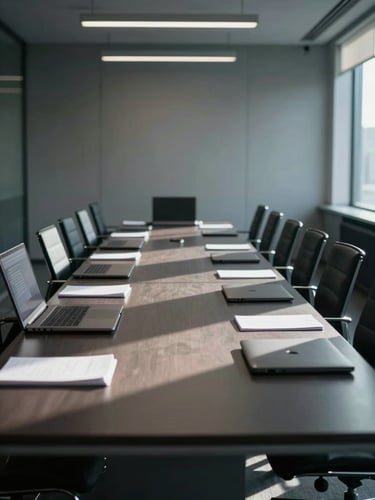 Wide shot of an empty boardroom, long dark table reflecting overhead natural skylight, closed laptops and notepads arranged in precise rows, cool studio light raking across the table surface from the left, no people, deep architectural stillness