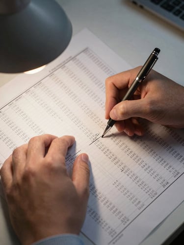 Close-up overhead shot of hands annotating a dense financial spreadsheet on a desk, a mechanical pencil marking margin notes, cool task lamp light from the left, printed columns of figures filling the frame edge to edge