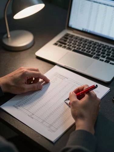 Close overhead view of a financial analyst's hands annotating a printed spreadsheet on a dark desk, red pen marking figures, a laptop screen showing data columns softly blurred in background, cool task-lamp light from upper left