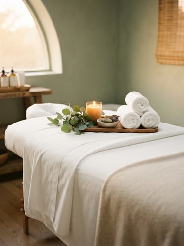 Pristine massage table with crisp white linens, soft golden candle lighting, rolled towels next to eucalyptus leaves, warm editorial style, 35mm