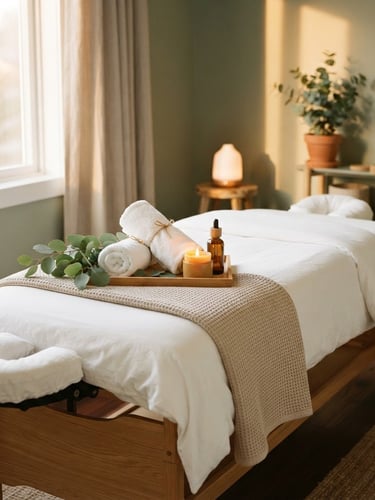 Pristine massage room with crisp white linens, soft golden candle lighting, rolled towels next to eucalyptus leaves, warm editorial photography, soft golden-hour window light, calming sage and beige tones, shallow depth of field, 35mm