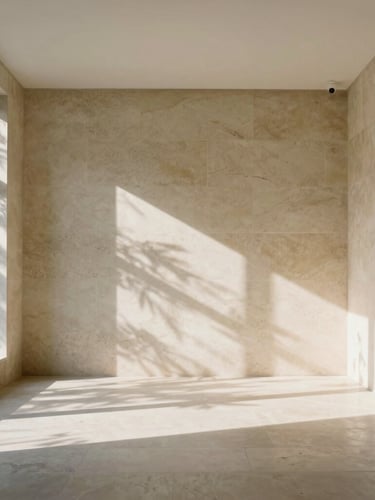 Wide architectural shot of a quiet, empty private office interior with warm limestone walls, linen textures, and soft morning light filtering through forest green cypress shadows